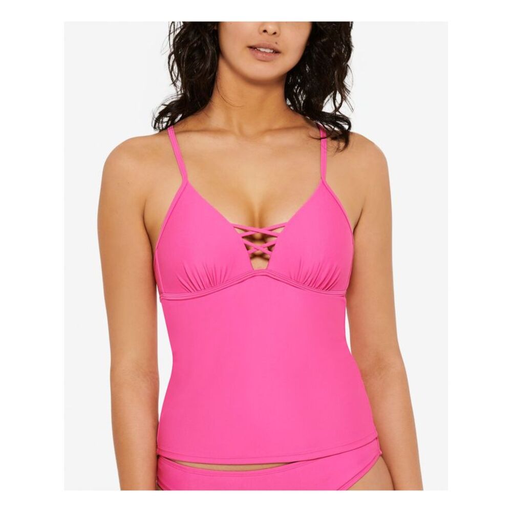 HULA HONEY Women's Pink Strappy Stretch Molded Cup Tankini Swimsuit Top S